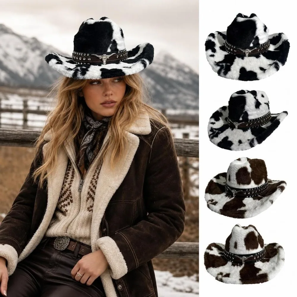 Rivet Strap Cow Print Cowboy Hat Decorative Metal Belt Wide Brim Furry Cowboy Cap Unisex Design Wind Resistant