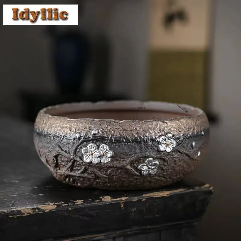 Gilt-silver Plum Blossom Jianshui Tea Cup Wash Writing-brush Washer Water Washing Slag Tank Chaxi Tea Ceremony Decoration Gift