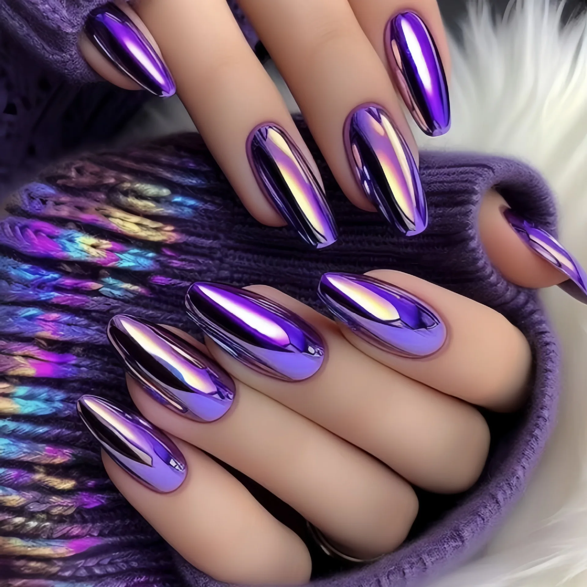 Modische lila Kunstnägel für Frauen und Mädchen, holografisch plattiert, Metallic-Effekt, mittellange, mandelförmige, tropfenförmige Spitzen, zum Aufkleben.