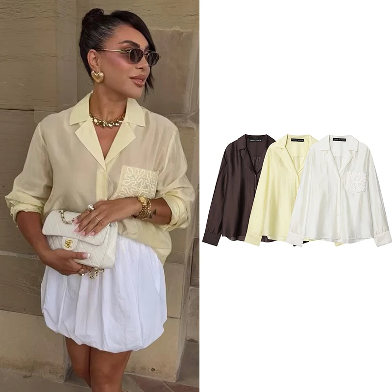 

Women's Autumn Shirts 2025 New Embroidered Pocket Office Elegant Women's Shirts Tops Street Fashion Autumn Youth Travel Shirts