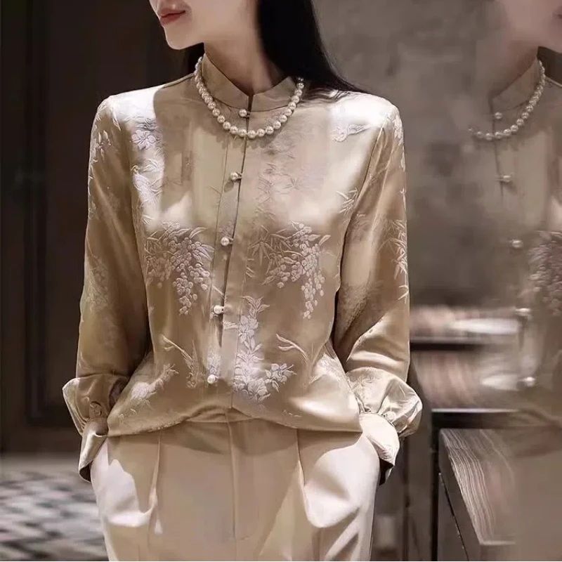 Spring Autumn New Solid Color Shirt Women High Street Stand Collar Long Sleeve Fashion Cardigan Vintage Chinese Style Chic Tops