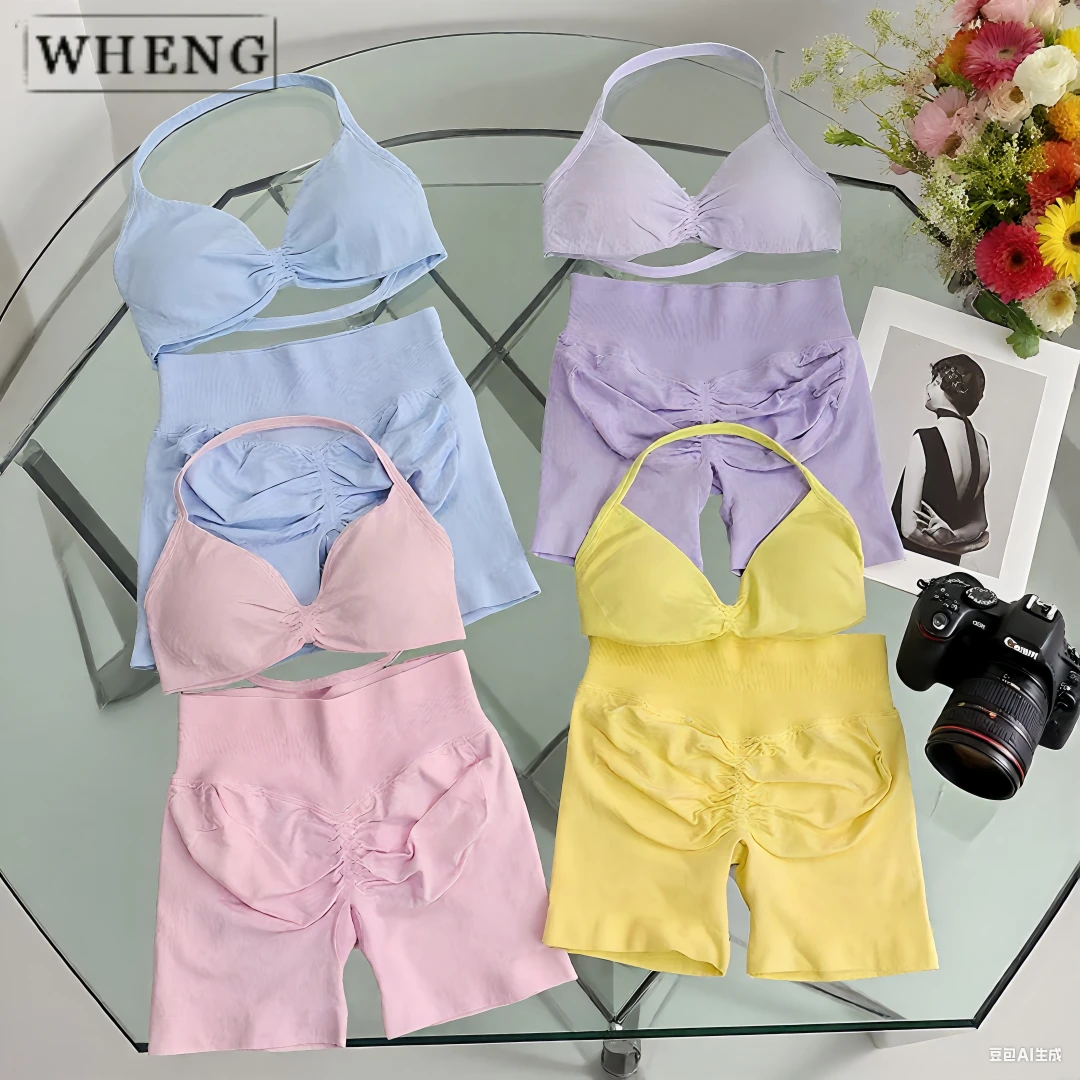 

WHENG 2PCS Yoga Fitness Suit Women's Seamless Lace-Up Yoga Bra Top High Waist Workout Scratch Shorts Sports Suit Fitness Suit