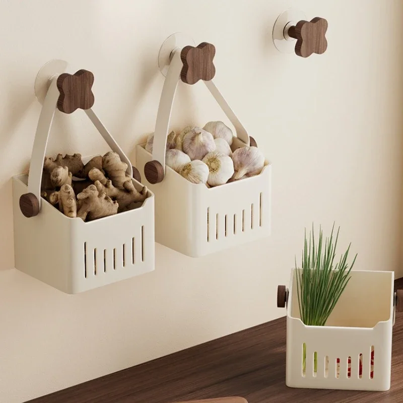 Walnut wood kitchen onion, garlic and ginger storage box suction cup shelf wall hanging basket no punch 2
