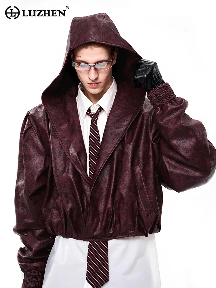 

LUZHEN 2025 New Original Cloak Style Hooded Leather Pu Pullover Men's Fashion Solid Color Streetwear Short Clothes Male JY4516