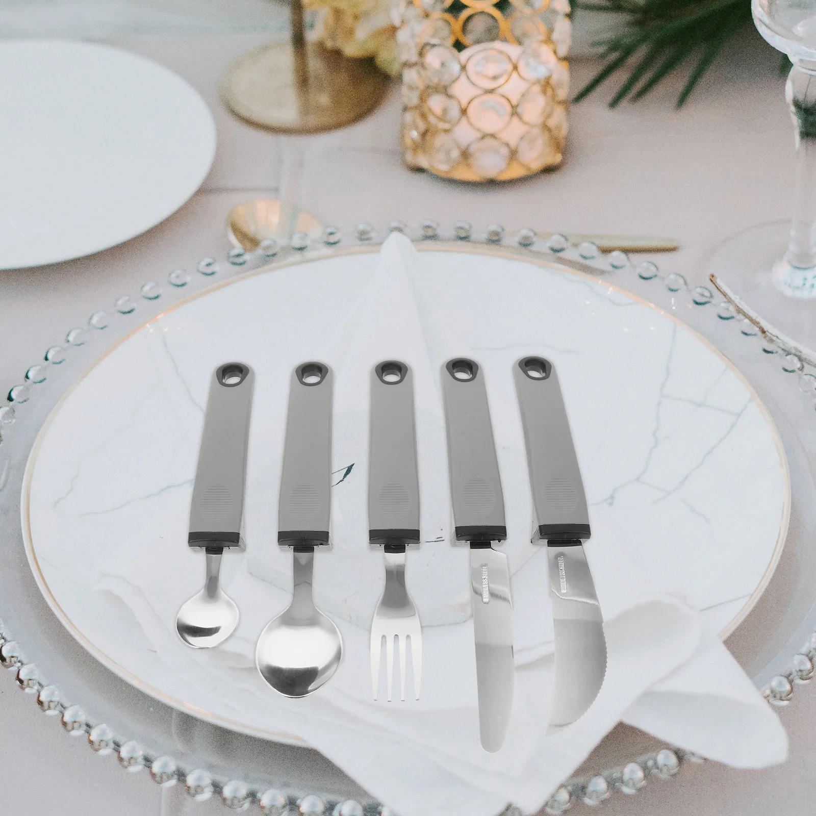 

5pcs Anti-Shake Stainless Steel Utensils Set Adaptive For Elderly Spoon Fork Knife Kitchen Cutlery Silverware Flatware