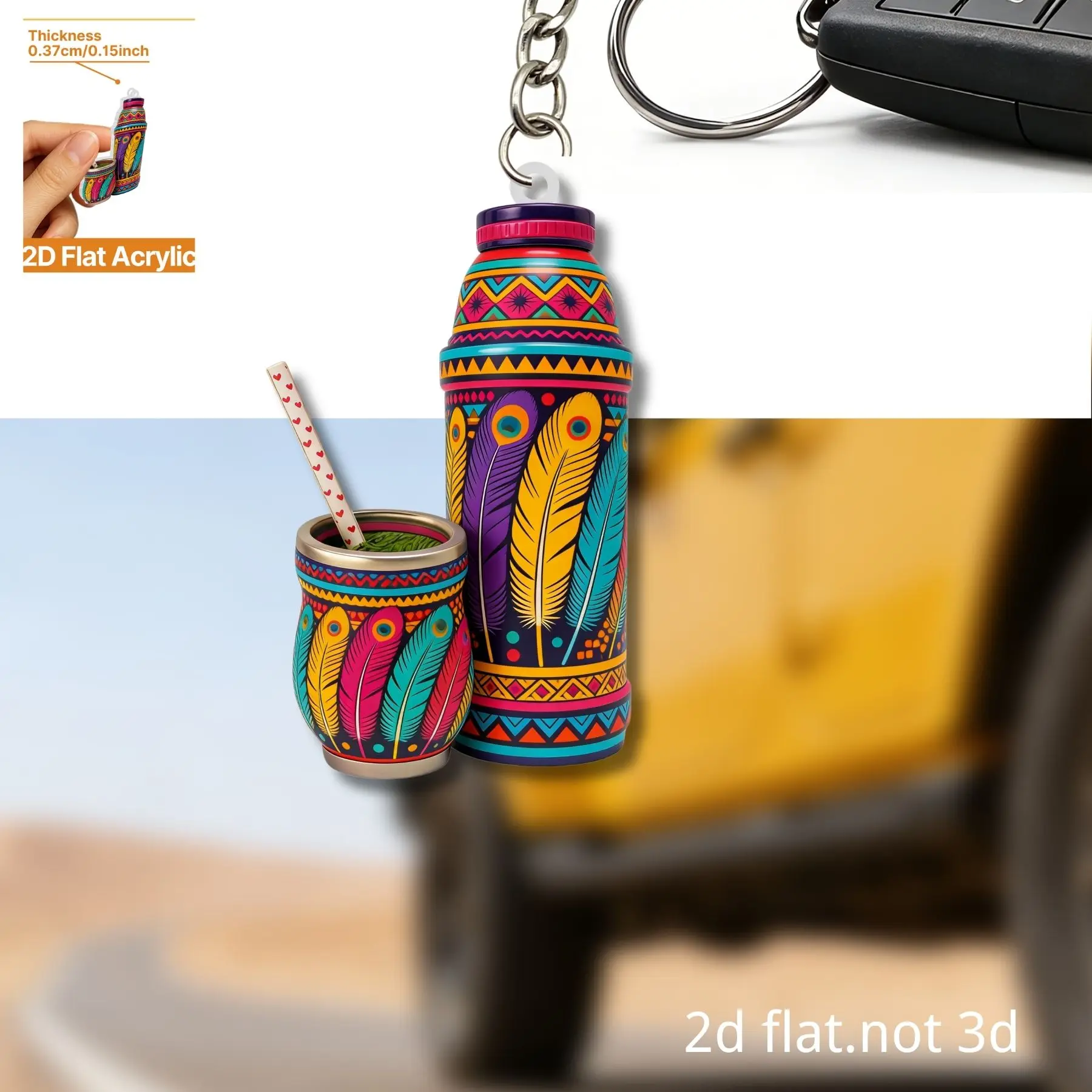 2D Mate Cup Keychain Flat Acrylic Pendant Thermos Cup Themed Ornament Charms for Car Bag Festive Party Gift Hanging Decoration