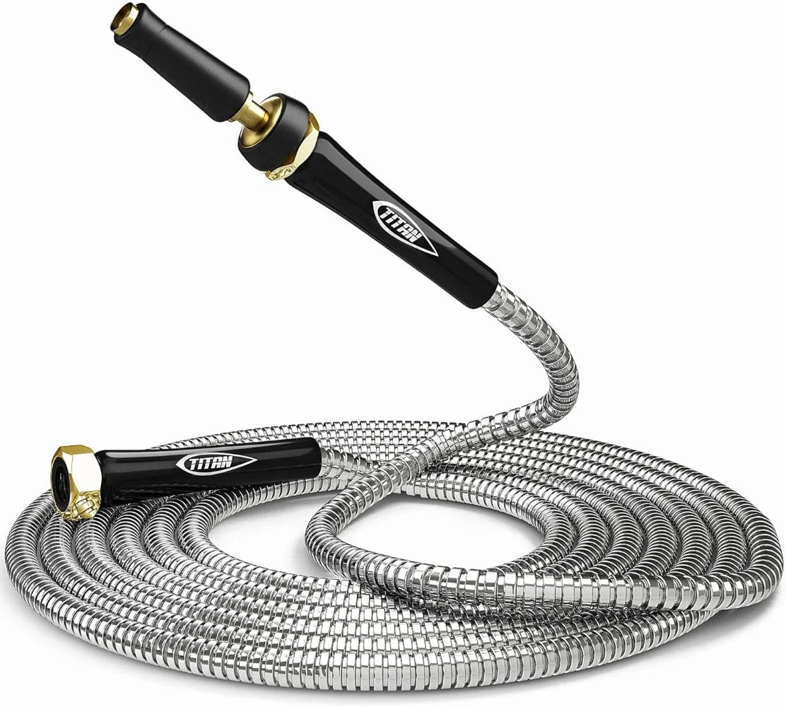 TITAN Garden Hose 150FT - 304 Stainless Steel Metal Water Hose, Flexible, Kink-Free, Lightweight, Durable Crush Resistant