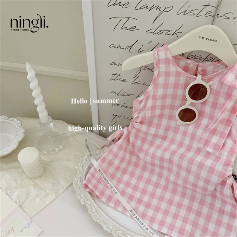 Girls' Dress2024Summer Trendy Sense of Design Baby Girl Pink Plaid Princess Vest Dress