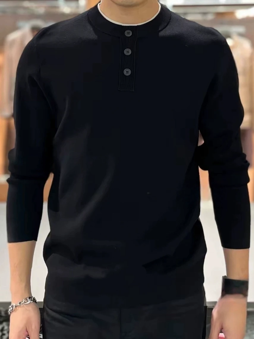 

High-End Men's Wool Sweater Button round Ne Knitwear Faionable Versatile Winter Base Layer irt Casual Long Sve Youth