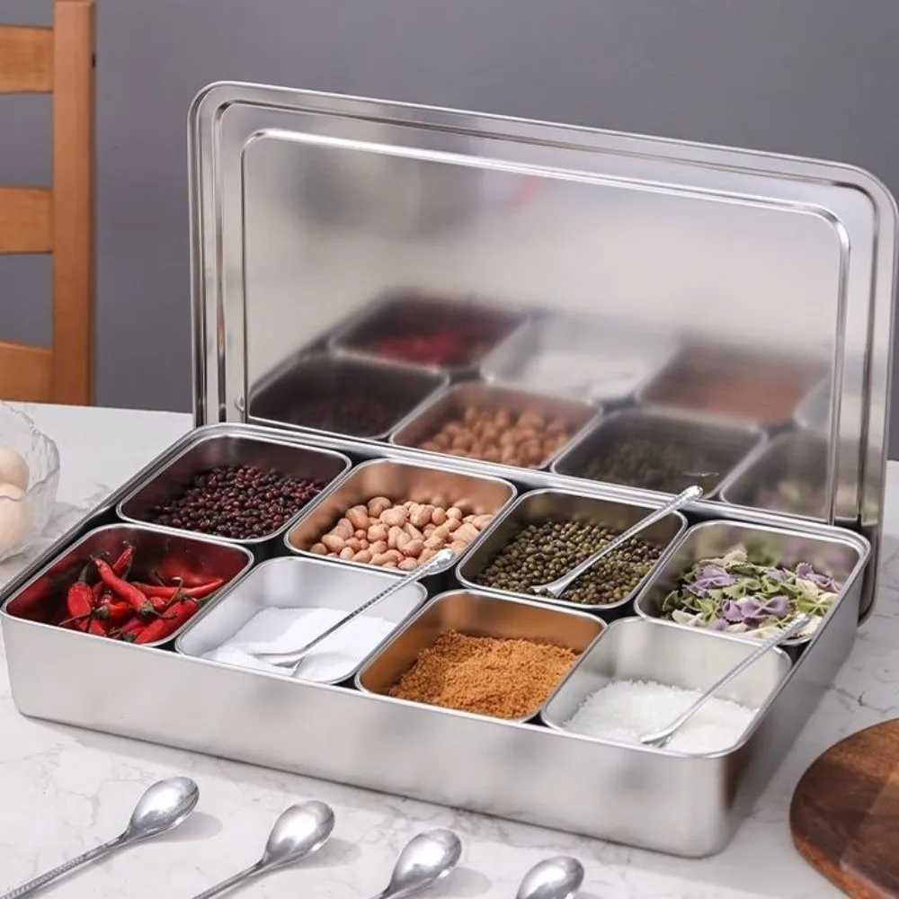 2/34/6/8 Compartment Stainless Steel Seasoning Box with Lid Multi-Compartment Spice Jar Storage Set Rectangle Shape