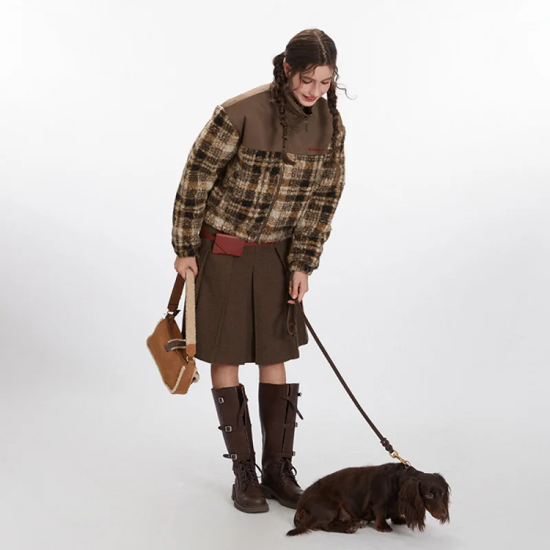 

European and American New Style Color-Block Stand Collar Zipper Jacket Retro Loose Plaid Casual Cotton Coat for Women