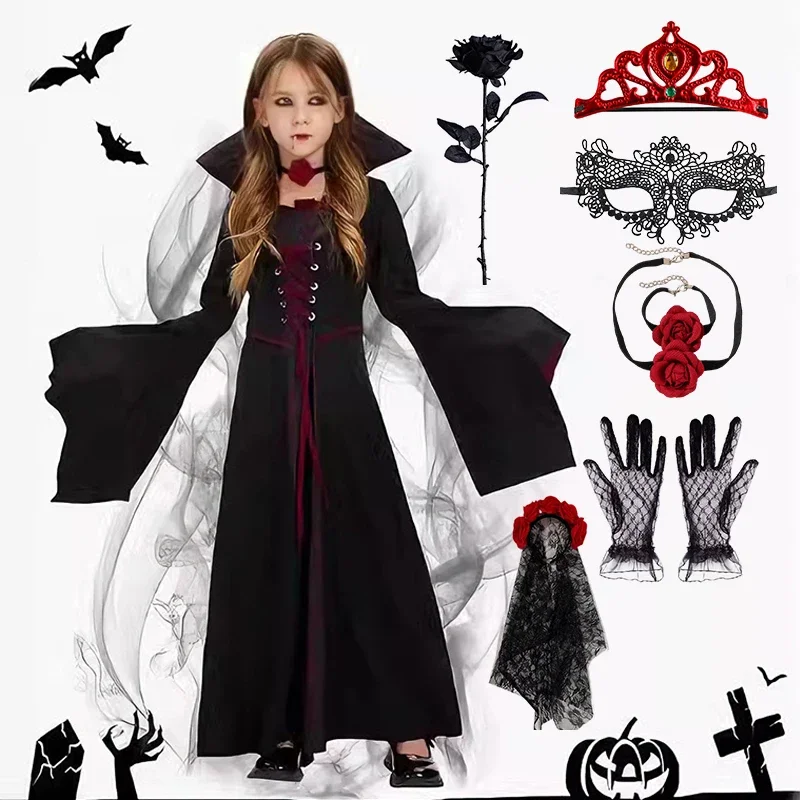 Mädchen-Vampir-Königin-Halloween-Kostüm Kinder Gothisches Schwarz-Rotes Langes Kleid mit Stehkragen Festtagsparty Kostüm Cosplay-Outfit – Detail 2