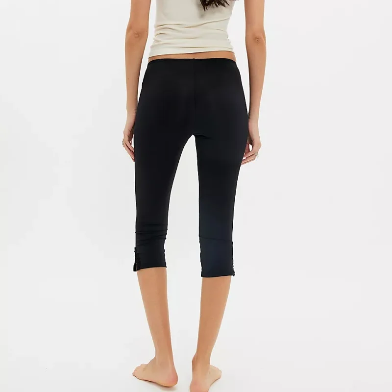 

Women's Summer Capri Pants Drawstring Cuff Solid Color Slim Fit Cropped Trousers Yoga Capri Leggings Lace Hem 3/4 Length Pants