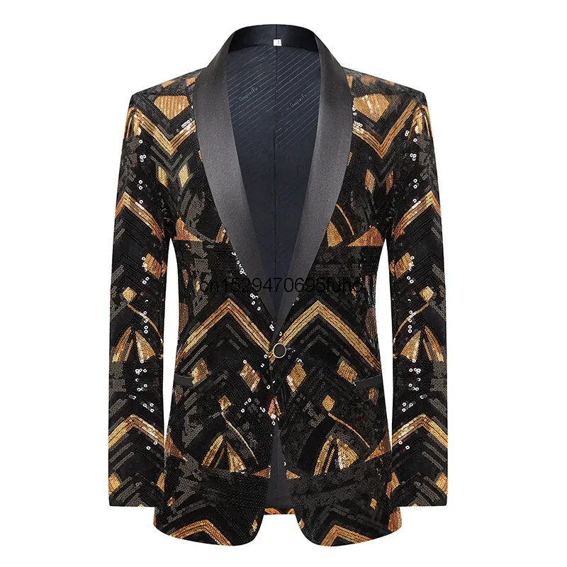 New Men\'s Coat Black Gold Sequins Blazer Performance Dress Host Night Club Wedding (Only Jacket)