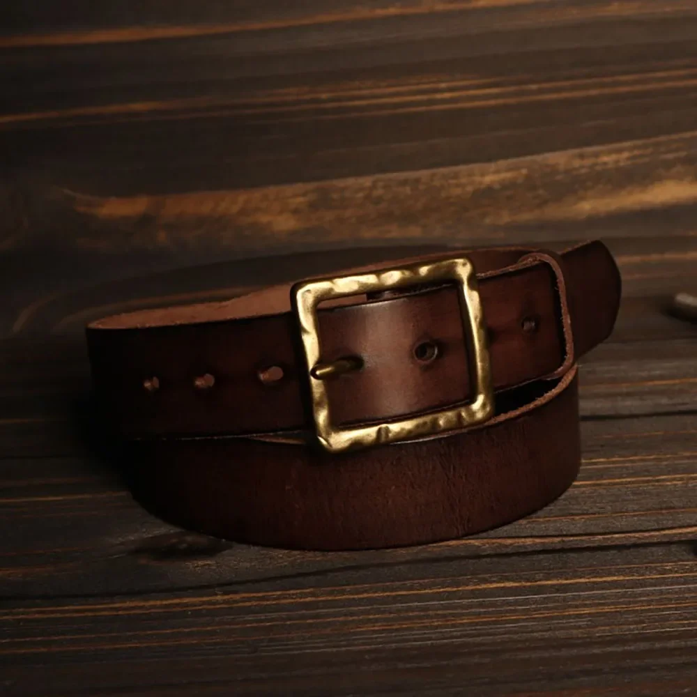Vintage Amei khaki Style Hand Crafted Genuine Leather Belt with Brass Buckle For Men Casual Jeans with Frayed Edges 38mm Width