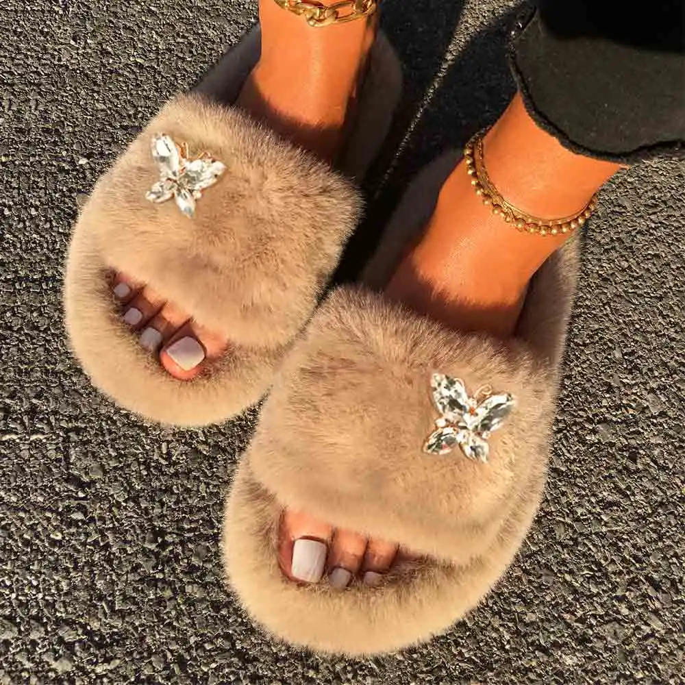 Fashion Women Fluffy Flip Flops Rhinestone Ring Decor Furry Slides Ladies Luxury Designer Slippers Flat Casual Shoes