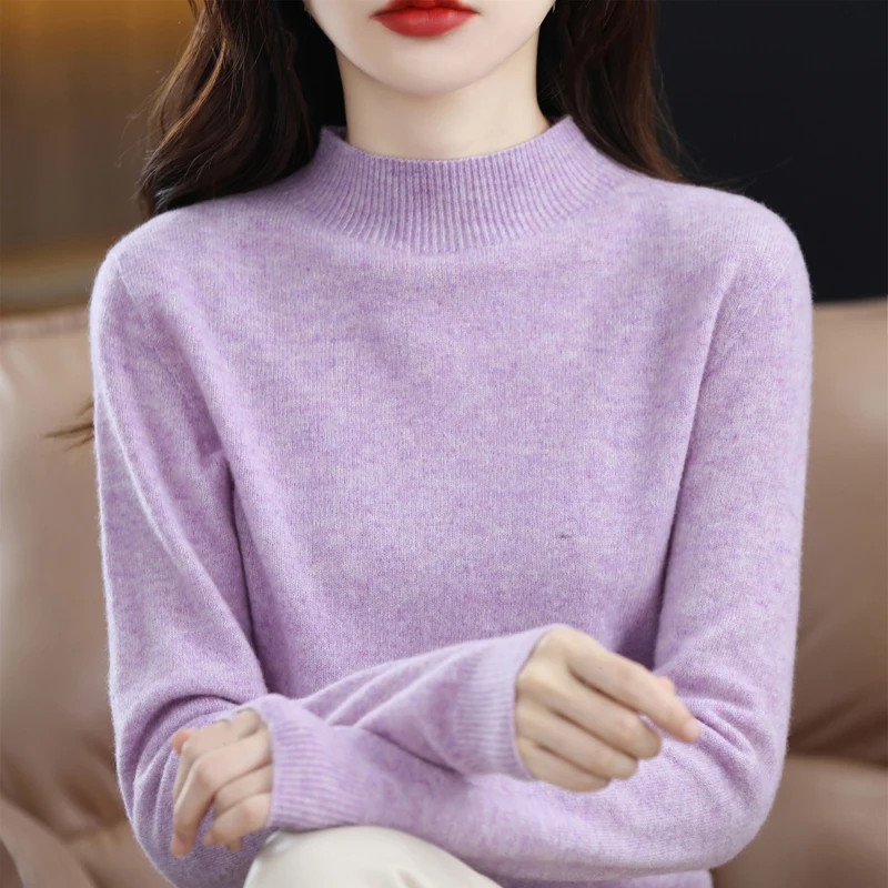 100%Merino Wool Sweater Women Autumn Long Sleeve Mock Neck Warm Soft Cashmere Pullovers Basic Bottom Sewn Knitwear Jumpers