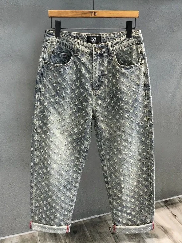 

Оригинальные свободные прямые мужские джинсы с цветочной вышивкой Vibe High Street, длинные брюки в американском стиле