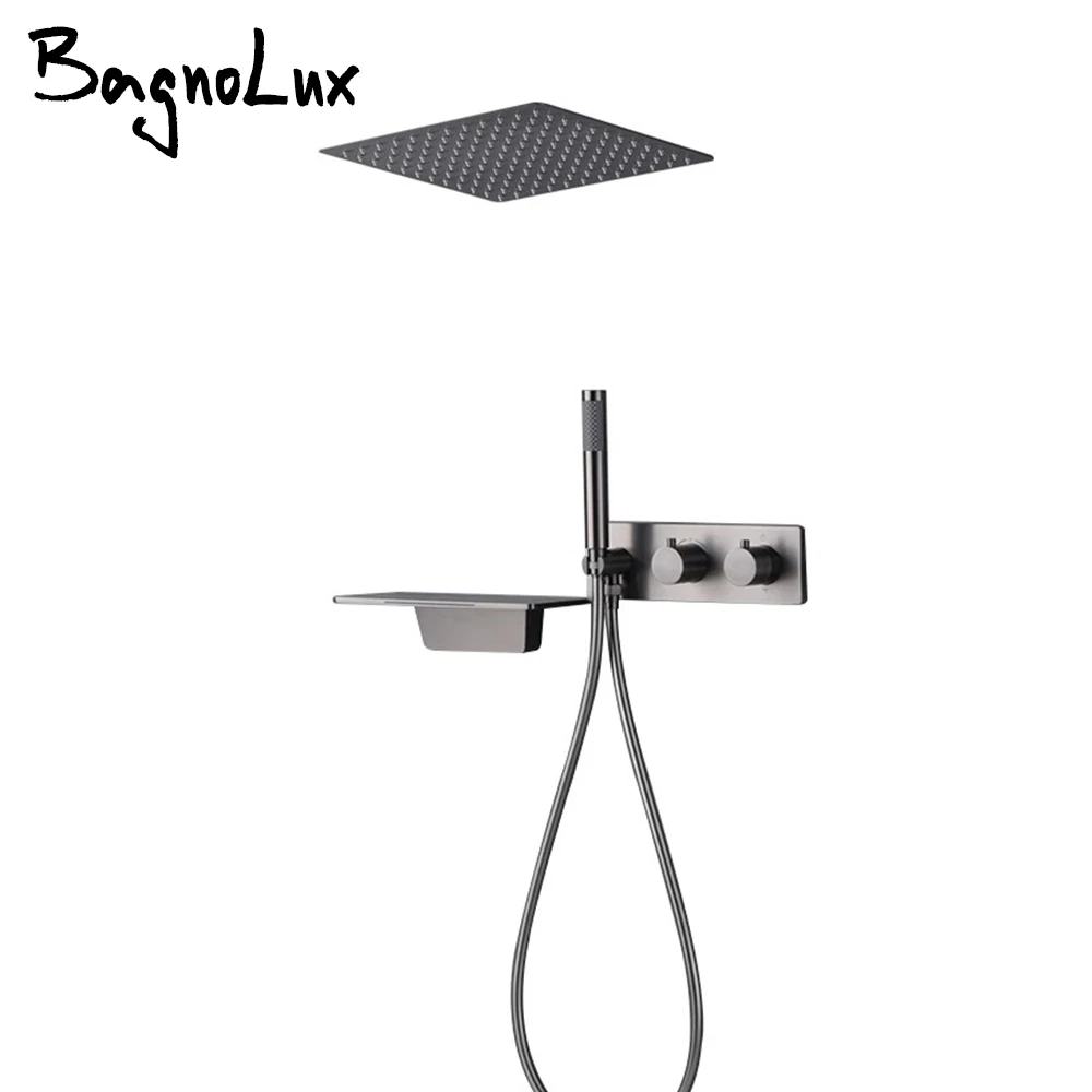 

Gunmetal Shower System Set Concealed Ceiling Head Shower Faucet Wall Mounted Recessed Box Bathroom Hot And Cold Waterfall Mixer