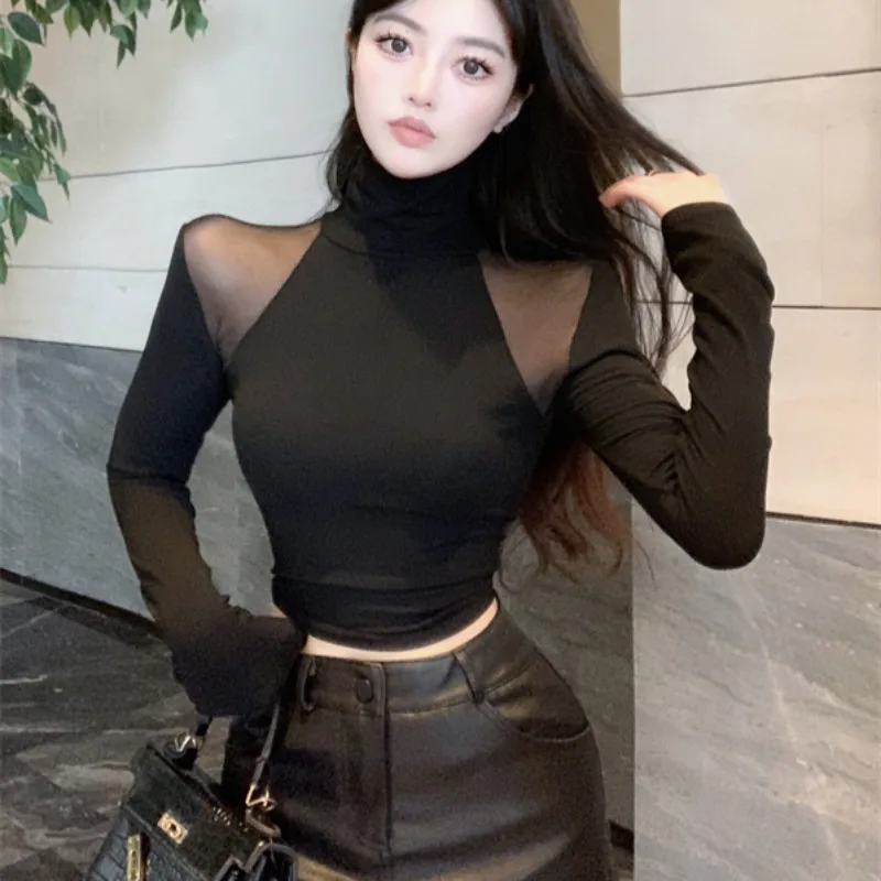 Turtleneck Long Sleeve Black T-shirts Women Korean Fashion Clothing Sexy Female Streetwear Patchwork Solid Casual All-match Chic