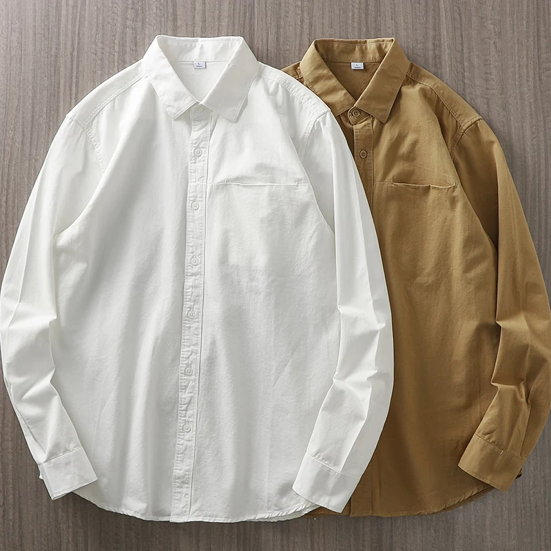 Dukeen-Camisa de manga larga para hombre, ropa Vintage de algodón, Color sólido, informal, solapa blanca