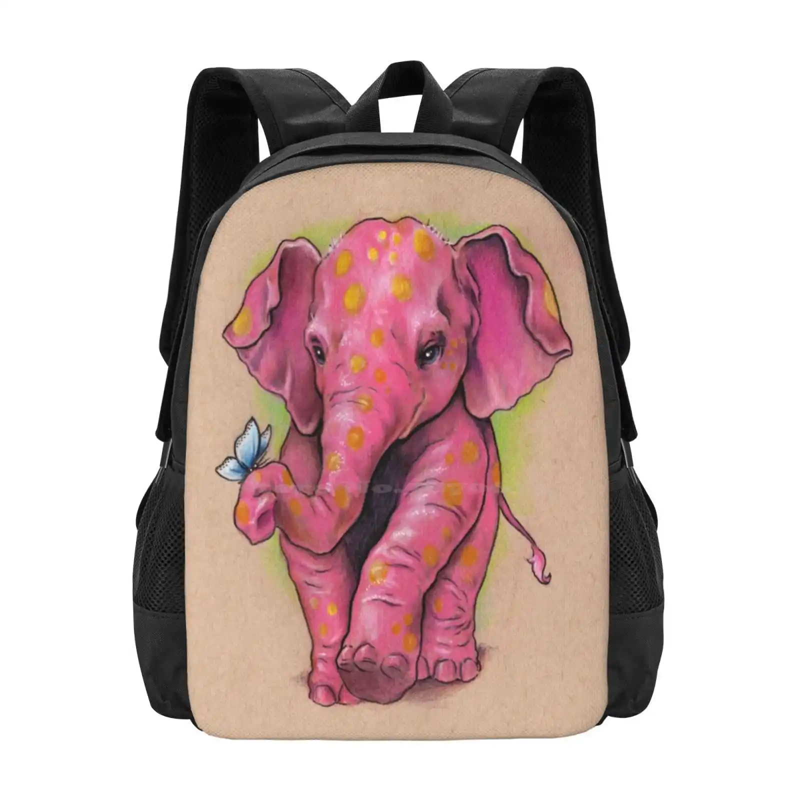 Pink Elephant ( With Golden Spots ) Fashion Pattern Design Travel Laptop School Backpack Bag Pink Elephant Drunk Butterfly