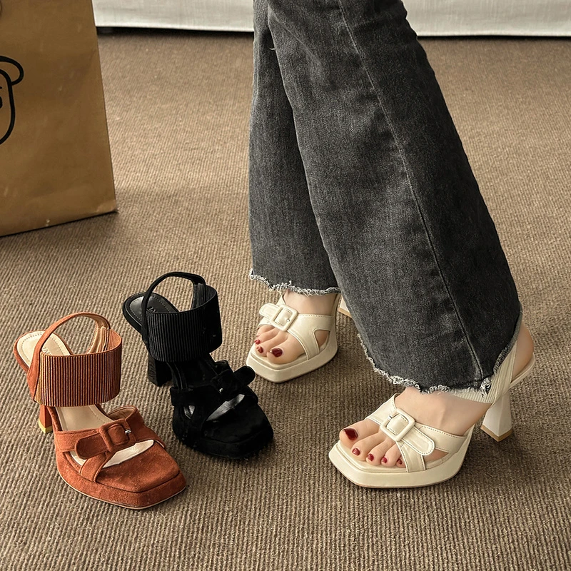2024 Fashionable Women's Sandals Summer Square Toe High Heels Cross Buckle Elastic Fabric Women's Shoes Heels 9cm image 4