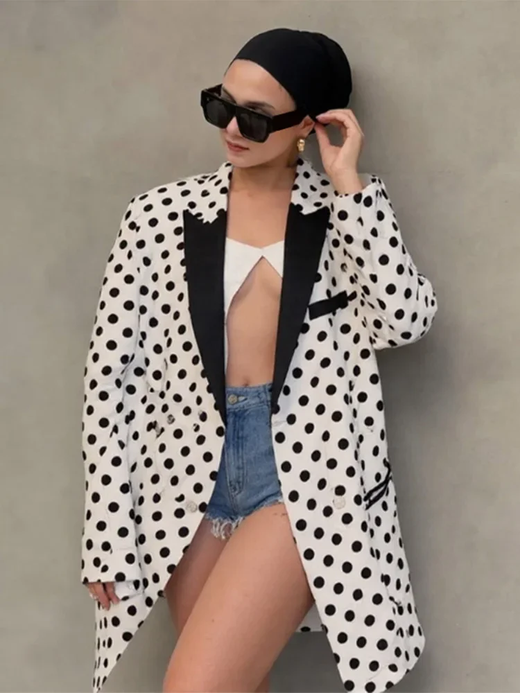 

Chic Polka Dot Women's Blazer Laple Patchwork Pockets Full Sleeve Pad Shoulder Coat 2025 Autumn Fashion New Lady Streetwears