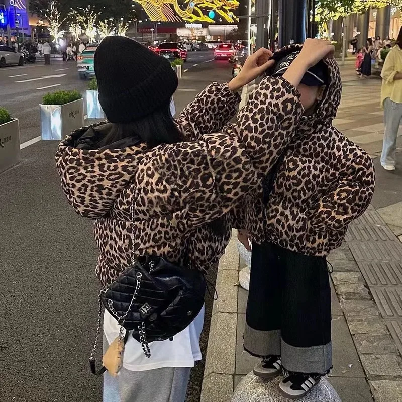Boys Girls Reversible Leopard Cotton Jacket Winter New Kids Warm Hooded Thick Coat Toddler Baby Children Outerwear Clothing