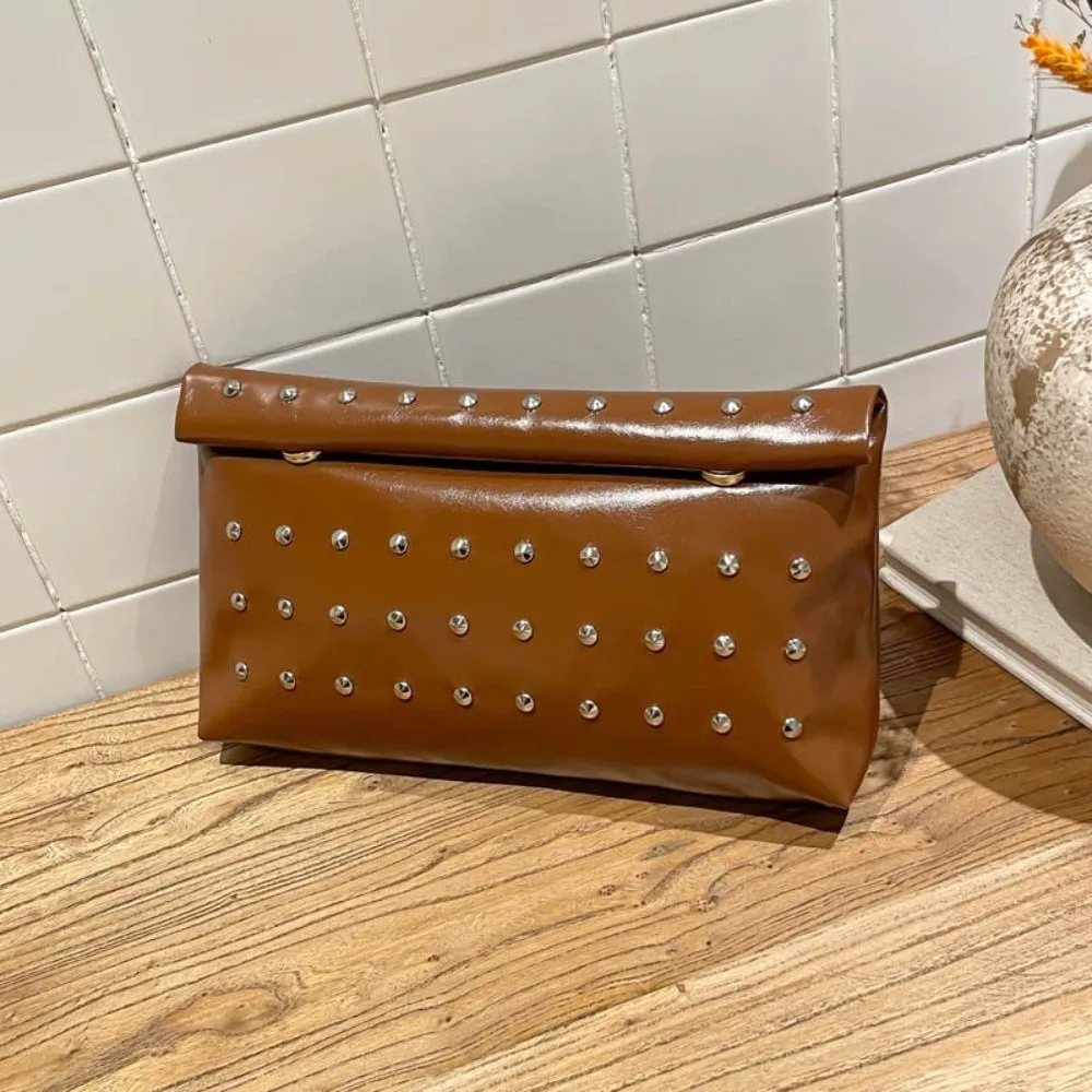 Luxury Rivet Envelope Clutch Bag Large Capacity Elegant Leather Evening Bag Korean Style Unique Solid Metallic Sheen Handbag