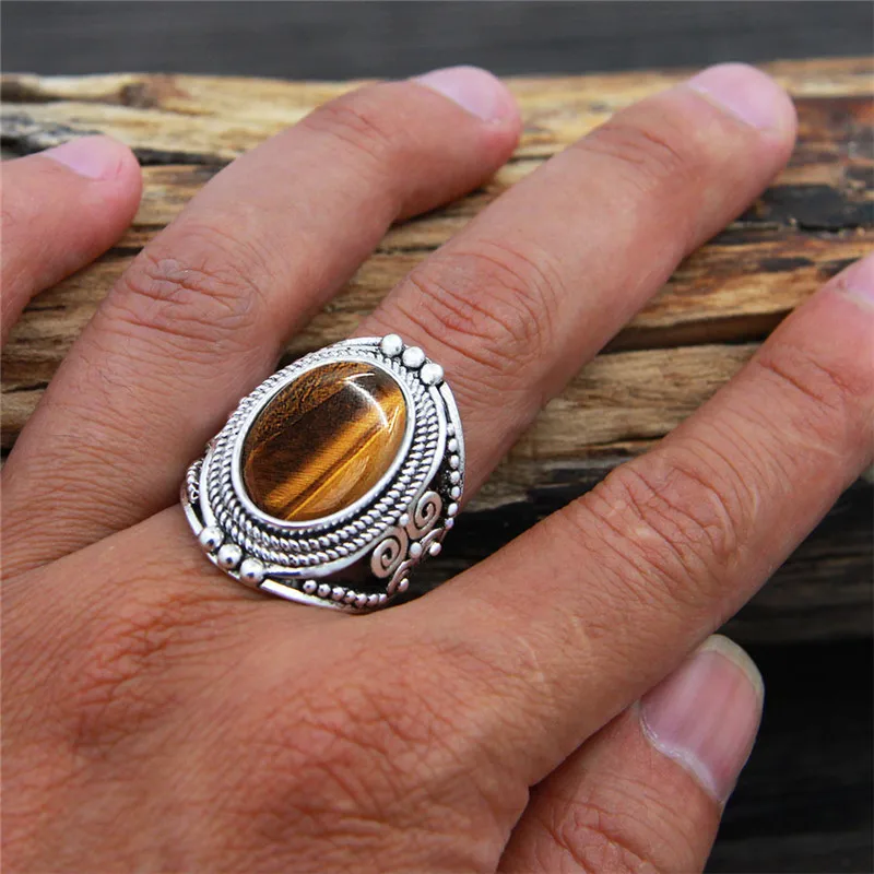 Oval Natural Tiger Eye Stone Rings For Women Vintage Flower Design Antique Silver Plated Fashion Jewelry