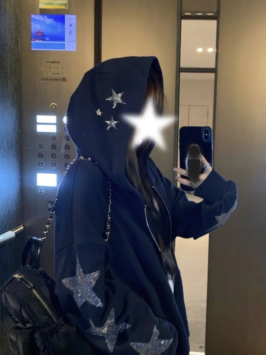 American Style Streetwear Hooded Jacket Women's Spring Autumn Trendy Brand High Street Vintage Lazy Open Cardigan Sweatshirt