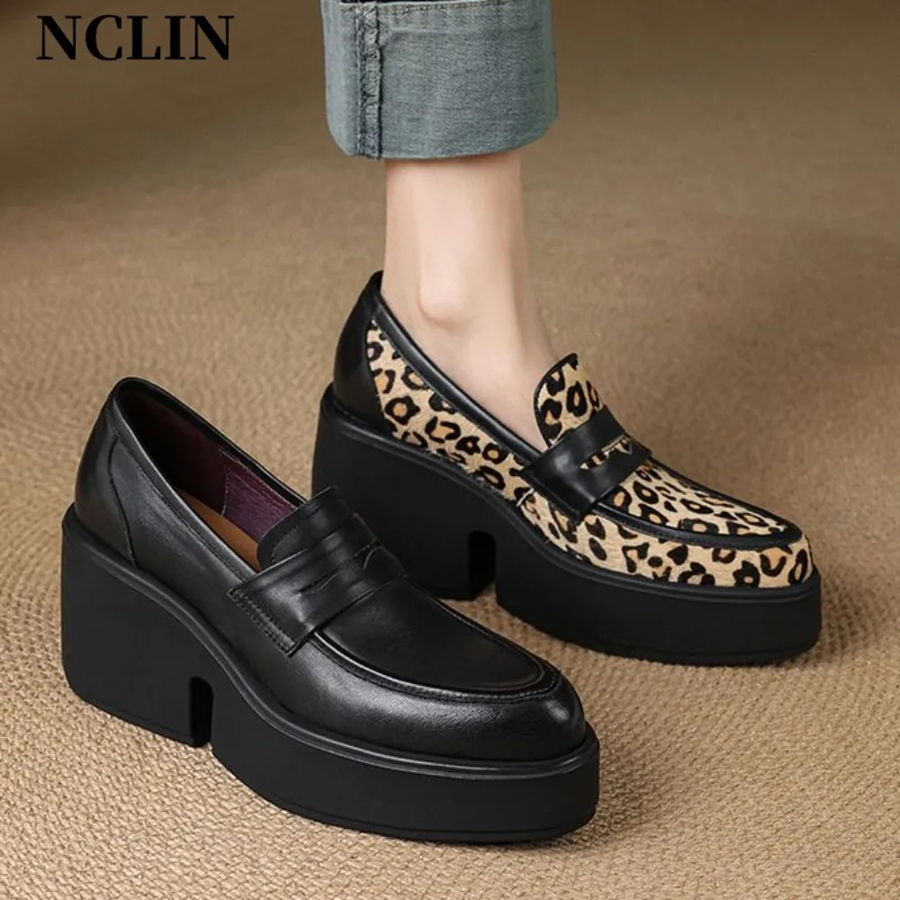 New Spring Leopard Print Genuine Leather Woman Shoes Pointed Toe High Heel Women Pumps Shoes for Women Fashion Platform Loafers