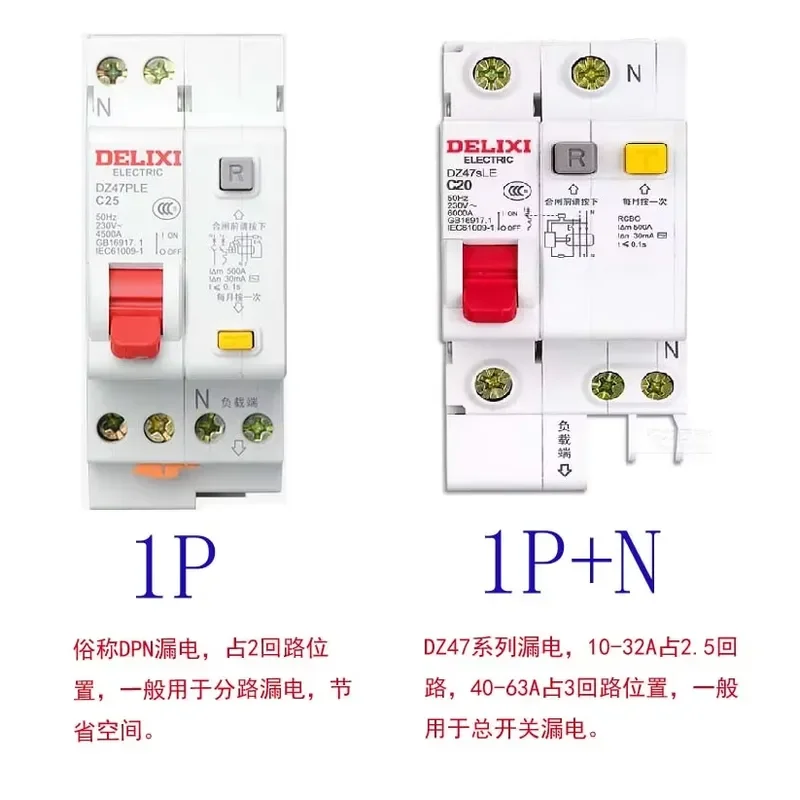 2P RCBO RCD Circuit Breaker DZ47LE DZ47sLE 6A 10A 16A 20A 25A 32A 40A 63A 100A 125A Earth Leakage Protection DIN Rail Home