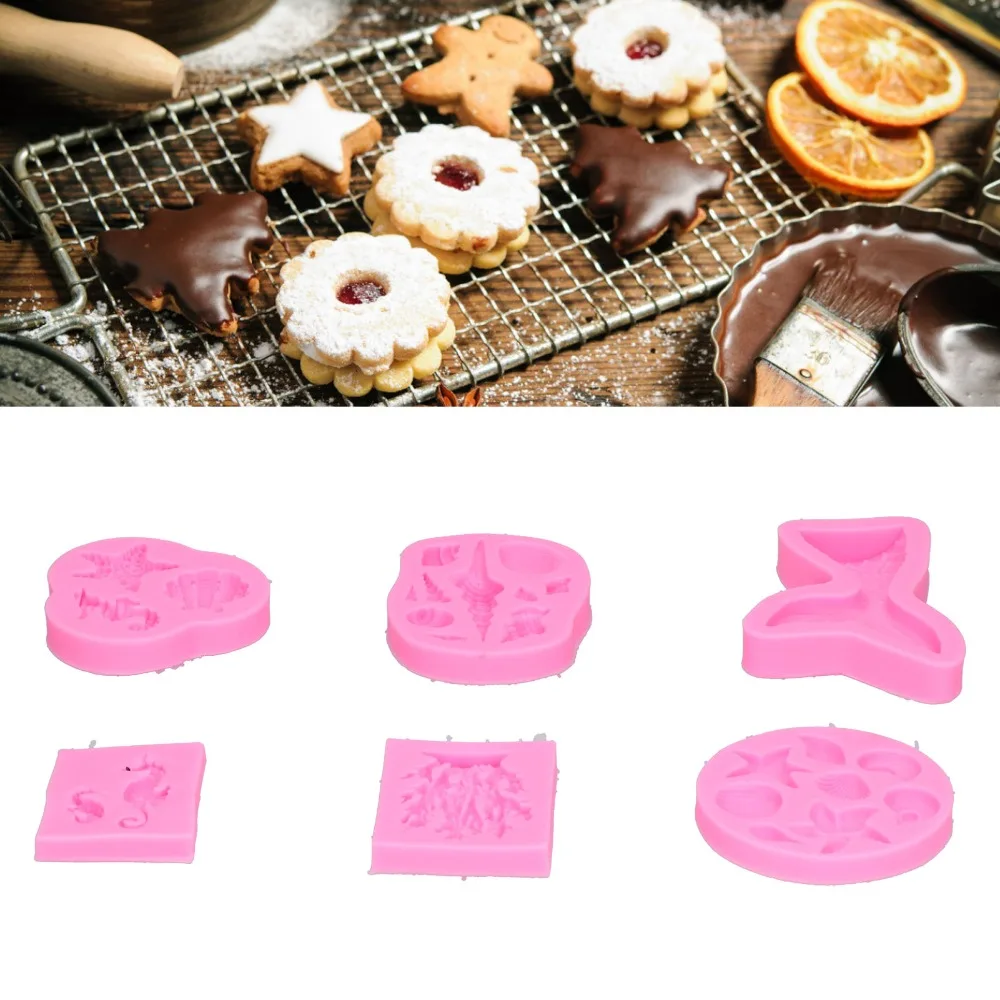 6pcs Silicone Silicone Molds Conch Seagrass Seahorse Fishtail Starfish Seashell Fondant Molds Pink Ocean Series Chocolate Molds