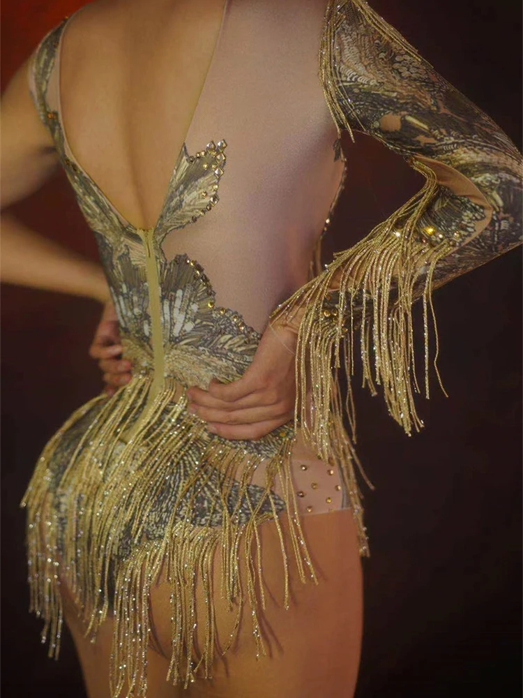 Kostiumy sceniczne z dżetami dla kobiet Żółty kombinezon z frędzlami na jedno ramię Piosenkarka Showgirl Ubrania do występów Strój klubowy 4222