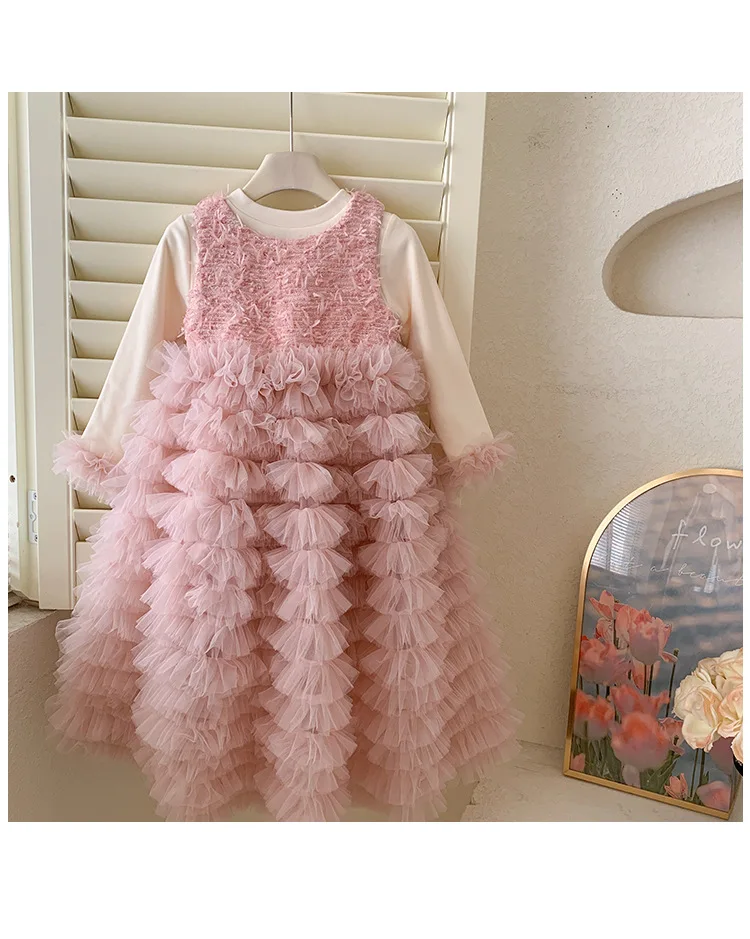 

Kid Girl Two Piece Set Dress for Children Textured Upper Bodice Long Sleeves and Extensive Layered Ruffled Tulle Skirt Elegant