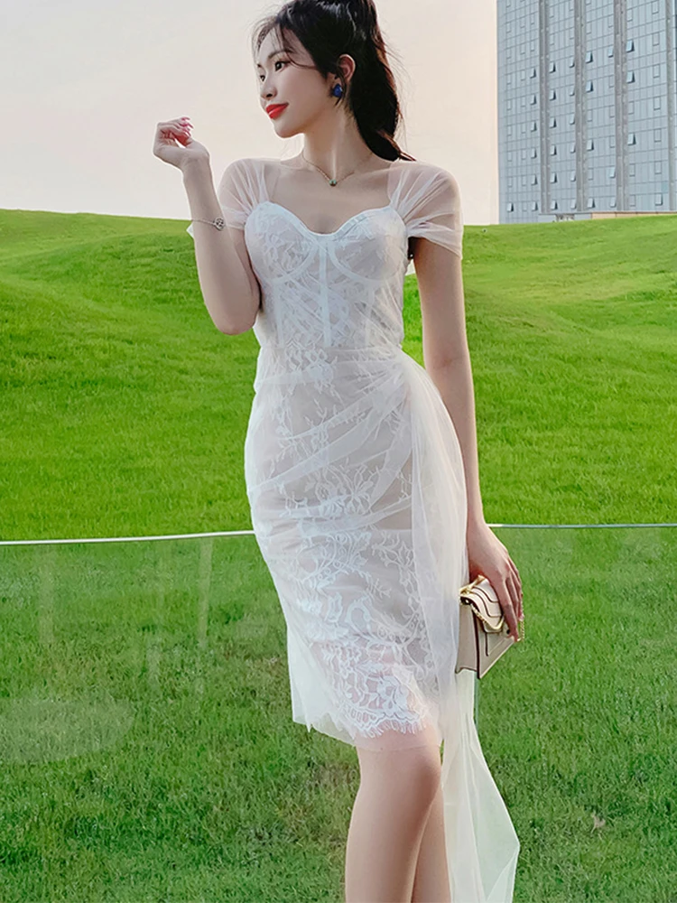 Summer Elegant Sexy Dresses for Women Sheer Mesh Lace Hook Floral Embroidery Short Sleeve Ribbon Bodycon Party Club Midi Vestido