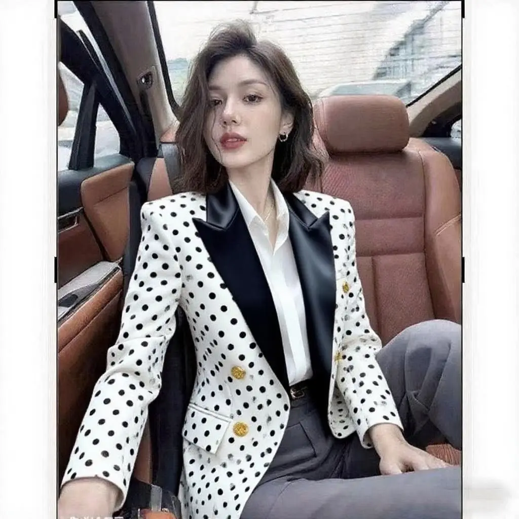 Women Suit Jacket French Design Slim Fit Elegant Office Lady Black Polka Dot Blazers Double-breasted Notched Retro Temperament