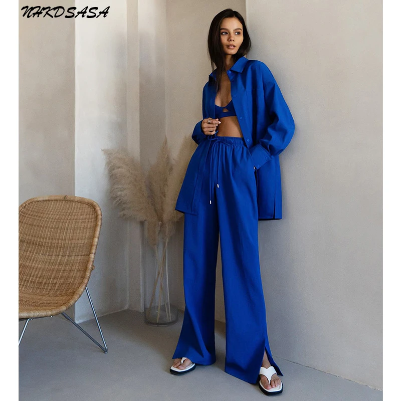 NHKDSASA Cotton Homewear Shirt Long Pants 2 Piece Set Female Long Sleeve Shirt Suit High Waist Lace Up Slit Wide Leg Pants Set