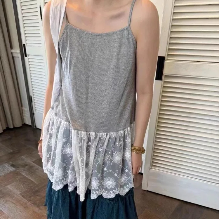 Moda coreana dulce encaje Patchwork Top 2025 novedad de verano camisola chaleco para Mujer Y2k Sexy Slim Fit negro Tops Mujer