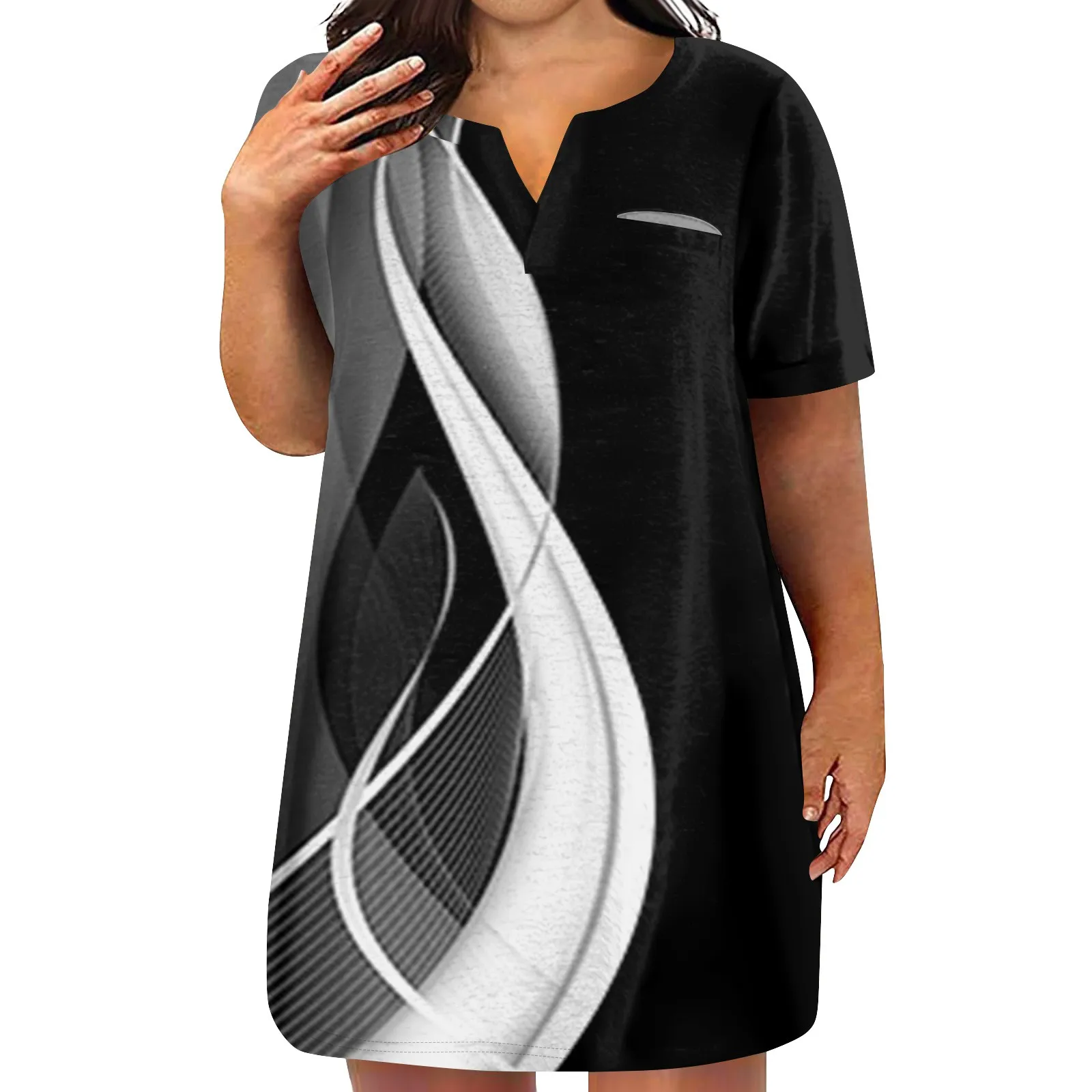 Summer Dress Womens Plus Size Dresses V Neck Short Sleeve Casual Solid Dress Tunic With Pocket Robes Longues платье летнее