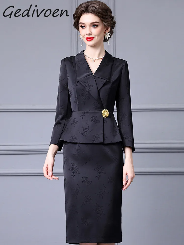 

Gedivoen Autumn Fashion Runway Black Vintage Jacquard Dress Women Lapel Button Ruffle High Waist Package Buttock Slim Long Dress