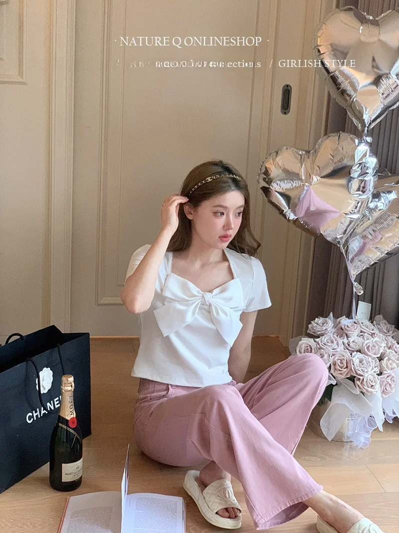 

Женская футболка Yang Xiaojuan в стиле ретро с узлом, коротким рукавом и воротником-стойкой, весенне-летний топ в корейском стиле