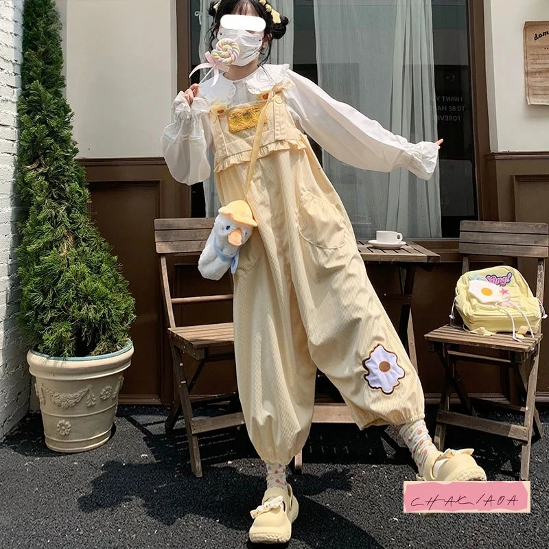 

Spring and Autumn Sweet Lolita Corduroy Overalls Cute Cartoon Embroidered Loose Pants Casual Overalls Wide Leg Jumpsuit Women's