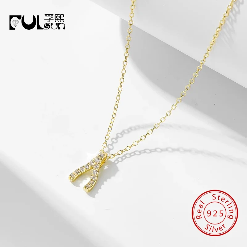 925 Sterling Silver 14K Gold Plated Mini Pave CZ Wishbone Thin Chain Pendant Necklace Women Dainty Lucky Wish Jewelry