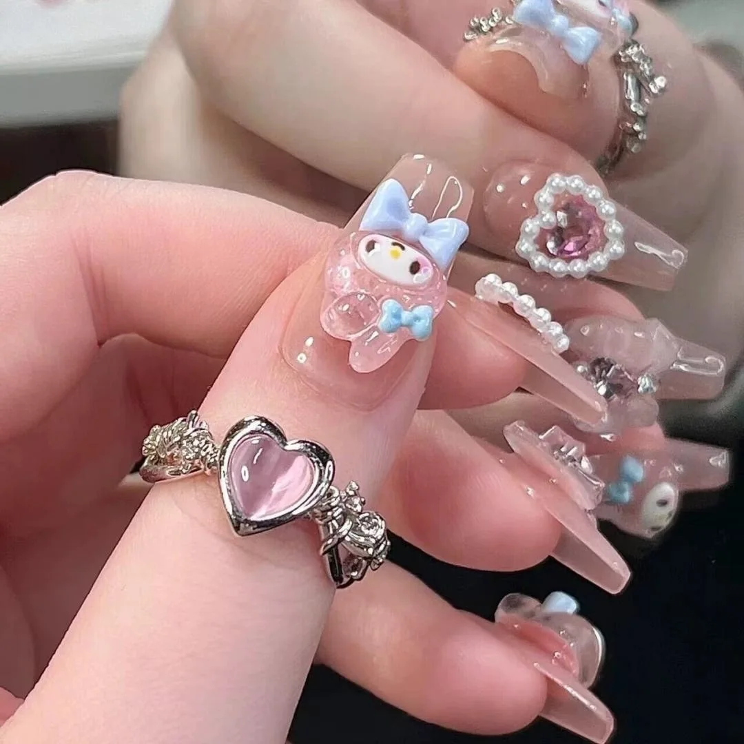 24Pcs Sanrio Melody Cartoon Girl Fake Nail With Diamond Resin Bow/Hollow Pearl Nail Patches DIY Pink Heart Crystal Manicure Tips