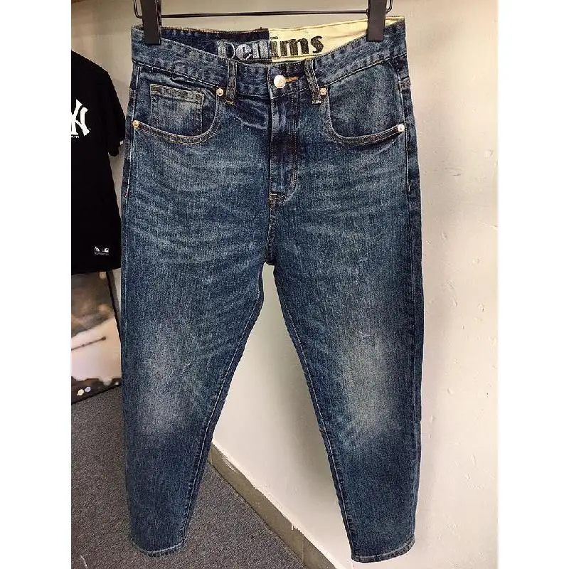 

Джинсы в стиле ретро, мужские свободные осенне-зимние новые повседневные эластичные трендовые укороченные брюки