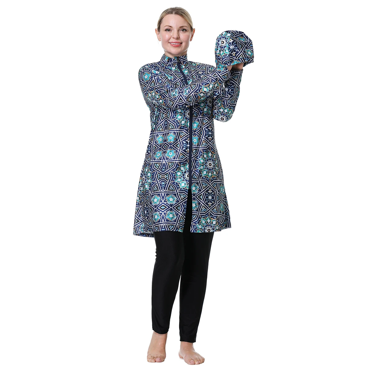 Afbeelding 3: H1024 Moslima's Volledige Bedekking Lange Mouwen Burkini Driedelige Plus Size Geprinte Zwemkleding Set