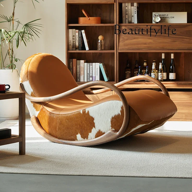 

BbRecliner Leather Leisure Balcony Sillon Furniture Home Minimalist Black Walnut Chair Armrest Rocking Italian Living Room Sofa